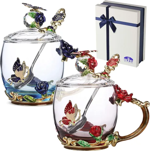 BTaT- Juego de tazas de té de vidrio floral con tapas y cuchara, paquete de 2, 11 onzas, azul y rojo, diseño de flores con caja de regalo, tazas de