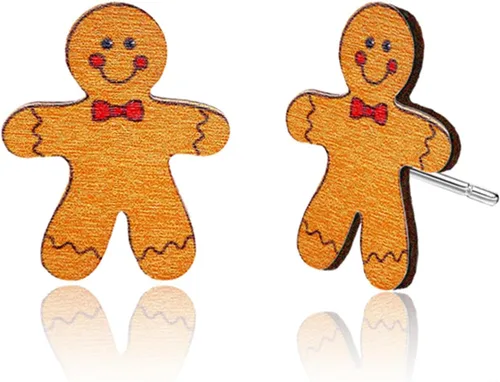 Miniatura 9 de Aretes de tuerca de Navidad para mujeres y niñas, hechos a mano, de madera, pan de jengibre, árbol de menta, bastón de caramelo, aretes