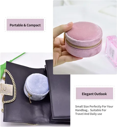 Miniatura 5 de TAIMY Estuche de viaje pequeño para joyería, mini joyero de viaje redondo para mujeres y niñas, mini cajas organizadoras de viaje para anillos