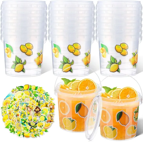 Miniatura 15 de PerKoop 20 cubos de helado de 32 onzas con tapas y asas, cubos transparentes de ron de cóctel con calcomanías, tina transparente de plástico