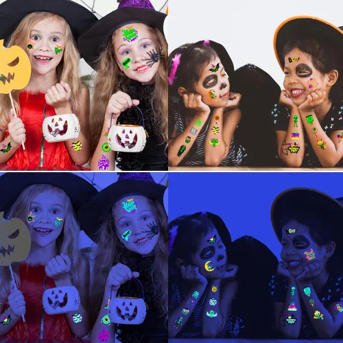 Miniatura 4 de 10 hojas de tatuajes temporales de neón de Halloween que brillan bajo los rayos UV, más de 95 estilos, impermeables, para fiestas de niños, niños