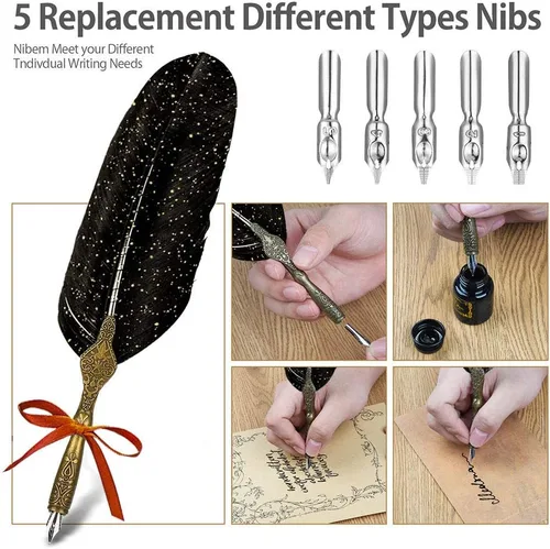 Miniatura 4 de NC Juego de tinta para pluma de caña, Juego de tinta para pluma de pluma incluye pluma de inmersión de pluma, tinta, 5 plumillas de repuesto, 3