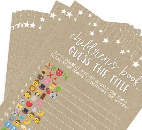 Miniatura 7 de Printed Party Juegos de baby shower para niño o niña - Juego de título de libro Guess The Children's Book, diseño rústico de granero de papel Emoji
