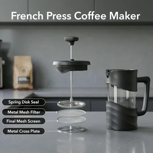 Miniatura 3 de OVENTE Cafetera de Prensa Francesa de 12 Onzas con Vidrio de Borosilicato Resistente al Calor y Sistema de Filtración de 4 Niveles de Acero