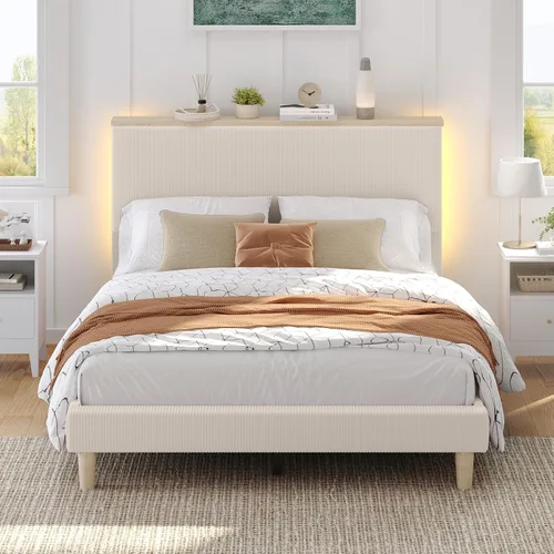 Bestier Base de cama individual con luces LED y estante, plataforma tapizada de pana con cabecera ajustable, patas de madera maciza, sin ruido, Beige