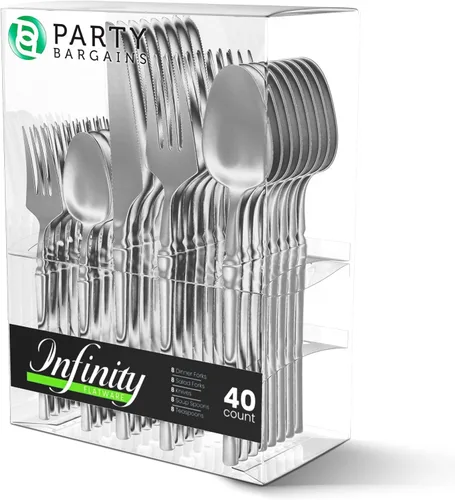 Miniatura 8 de Party Bargains Juego de cubiertos negros de plástico desechable, utensilios de diseño moderno infinito, paquete de 40: 16 tenedores, 8 cuchillos, 16