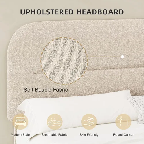 Miniatura 3 de HOMBCK - Base de cama tapizada de tejido bouclé con cabecera suave con diseño de esquinas redondeadas, listones de madera, no requiere somier, fácil