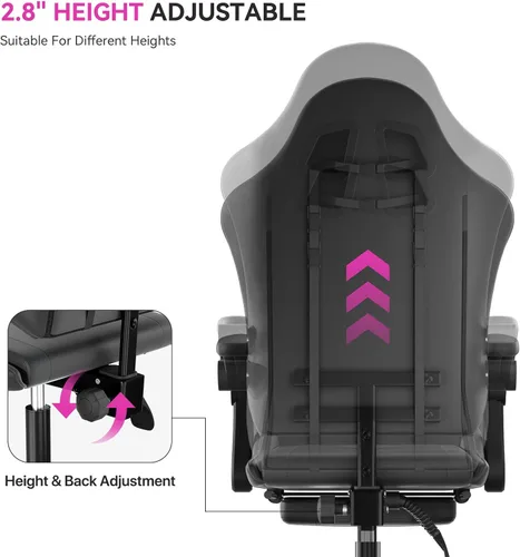 Miniatura 6 de Silla para videojuegos, sillas ergonómicas de computadora con brazos, soporte lumbar, reposapiés, reposacabezas giratoria de 360°, respaldo y altura