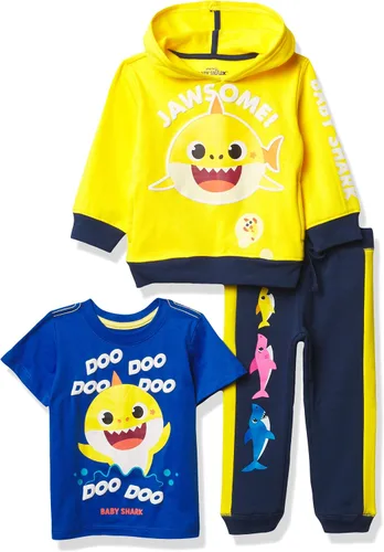 Pinkfong - Sudadera con capucha para bebé, diseño de tiburón, camiseta y pantalón deportivo de 3 piezas, juego de traje de atletismo para niños