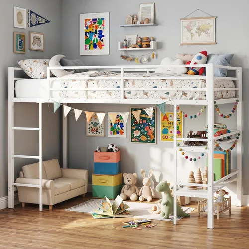 Miniatura 12 de Giantex Cama baja tipo loft tamaño individual, marco de metal resistente con estantes de almacenamiento, escalera y barandillas de longitud