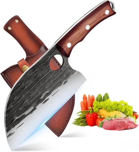 ROCOCO Cuchillo de chef serbio de 6.5 pulgadas, cuchillo de carnicero japonés de espiga completa para deshuesar, cortar, cuchillo vikingo con funda