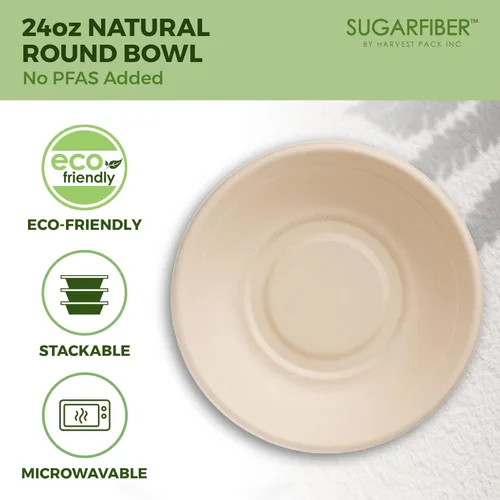 Miniatura 3 de Paquete de cosecha libre de PFAS de 24 onzas, cuencos compostables de 24 onzas, cuencos redondos de papel resistentes y ecológicos, desechables