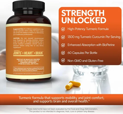 Miniatura 4 de Cúrcuma Curcumina con Bioperine 1300 mg con Black Pepper – Cápsulas de apoyo conjunto Suplementos nutricionales – 100% Herbal Tumeric Root