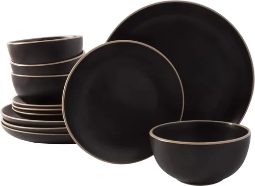 Miniatura 31 de Gibson Home Dempsey Road - Juego de vajilla de gres de 12 piezas – Servicio para 4, platos y cuencos redondos negros, juego moderno de platos