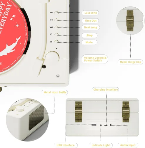 Miniatura 8 de Yintiny Reproductor de CD de cuero recargable con altavoces, transmisor Bluetooth, regalo de festival, reproductor BGM para decoración del hogar