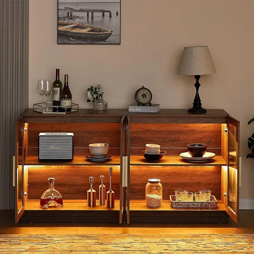 Miniatura 6 de AMERLIFE Aparador Buffet Gabinete, Gabinete de Acento de Color Mixto con Luces LED, Gabinetes de Almacenamiento Modernos con Puertas de Vidrio