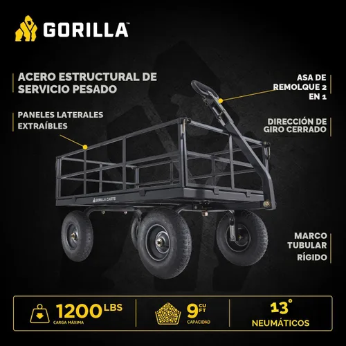 Miniatura 2 de Carro utilitario Gorilla Carts resistente de acero con lados desmontables y neumáticos de 13 pulgadas con capacidad de 1200 lb, Negro