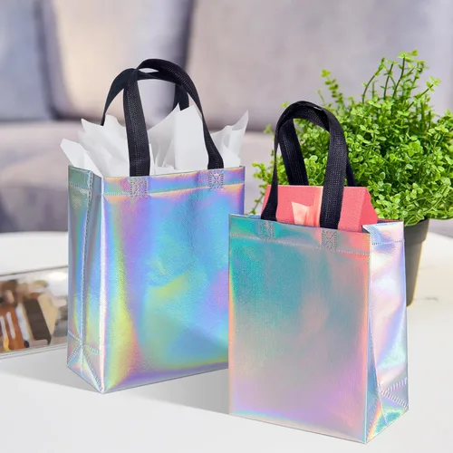 Miniatura 3 de BLEWINDZ 18 bolsas de regalo holográficas con asas y pañuelos, bolsas de regalo reutilizables iridiscentes medianas de 10.2 pulgadas para Holográfico