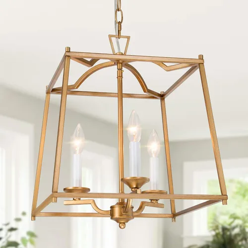 Miniatura 12 de KSANA Candelabro de farol dorado, iluminación colgante dorada para isla de cocina con acabado dorado antiguo, lámpara colgante de vestíbulo