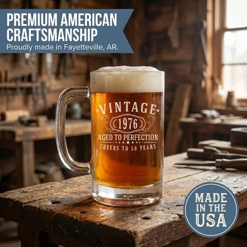 Miniatura 6 de Taza de cerveza de vidrio grabada vintage de 16 onzas, regalos de feliz cumpleaños 50 para él, mujeres, hombres, saludos a convertirse en un hombre