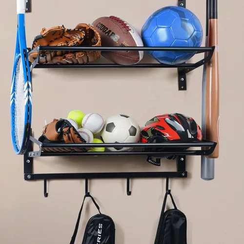 Miniatura 5 de XCSOURCE Organizador de equipos deportivos, estante de almacenamiento de bolas de 3 niveles con soportes para bates y raquetas, estante