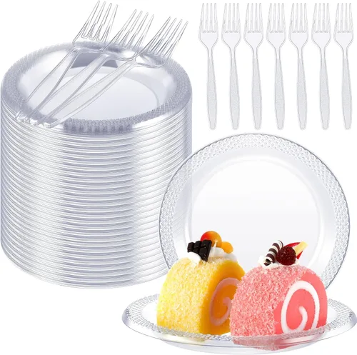 Miniatura 7 de Hushee 600 platos de postre de plástico negro de 6 pulgadas con tenedores de 7 pulgadas para aperitivo de pastel, 300 platos pequeños desechables