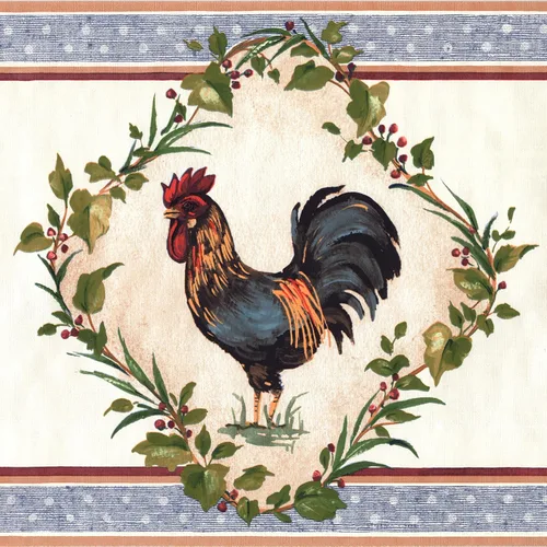 CONCORD WALLCOVERINGS ™ Papel Pintado Frontera Patrón Vintage Gallos Hojas Para Cocina Comedor Casa De Granja Casa De Campaña, Blanco Verde Azul
