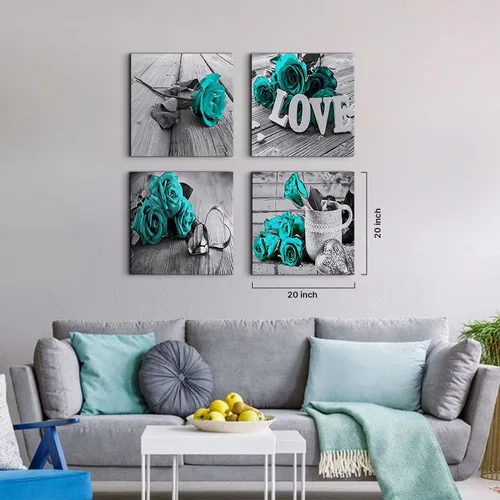 Miniatura 3 de Arte de pared de flores de rosa turquesa y verde azulado para el baño, decoración de pared floral turquesa, señal de amor en blanco y negro, Rosa