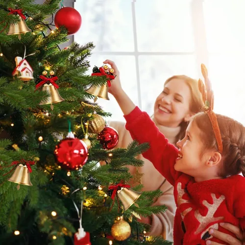 Miniatura 6 de Campanas Doradas de Navidad, 12 piezas Cascabeles de Metal Dorado de 2.4 pulgadas con Lazo Rojo y Adorno Colgante de Árbol de Bayas, Cascabel