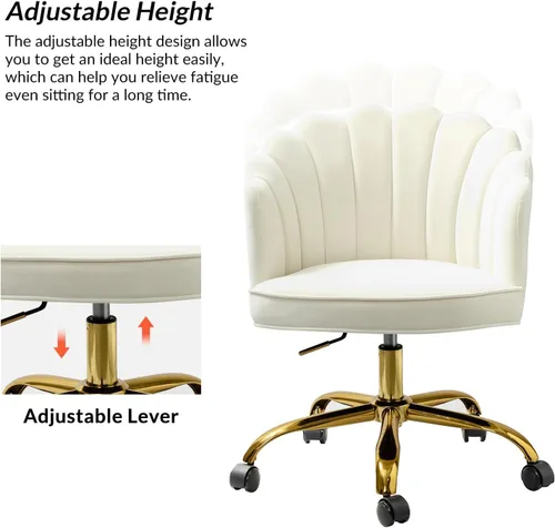 Miniatura 5 de HULALA HOME Silla de escritorio de terciopelo para oficina en casa con base dorada, silla giratoria ajustable para tocador, diseño moderno y bonito