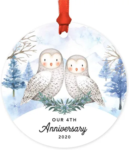 Miniatura 58 de Andaz Press Adorno redondo de recuerdo de Navidad, nuestro 10 aniversario 2025, búhos de nieve de invierno en acuarela, 1 paquete, incluye cinta