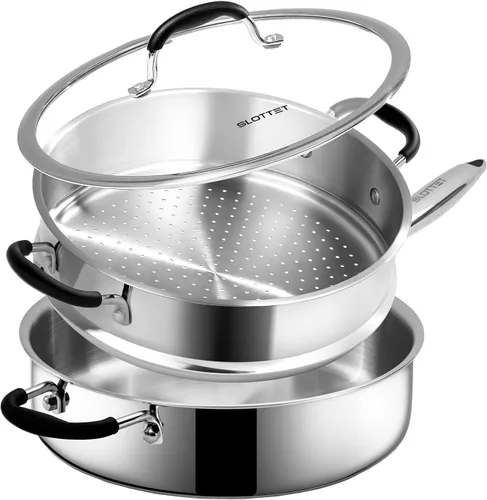 Miniatura 10 de SLOTTET Sartén de acero inoxidable de tres capas con tapa, sartén profunda de 5 cuartos de galón con cómodo mango de silicona, sartén de 11.5