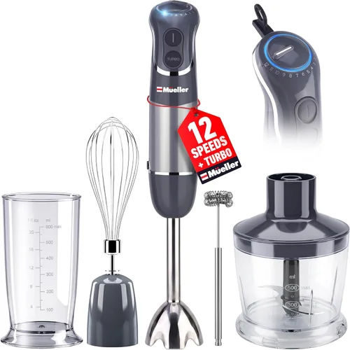Mueller Multistick - Licuadora de inmersión 5 en 1 de mano, 12 velocidades, mezclador de mano con impulso Turbo, motor de cobre de servicio pesado,