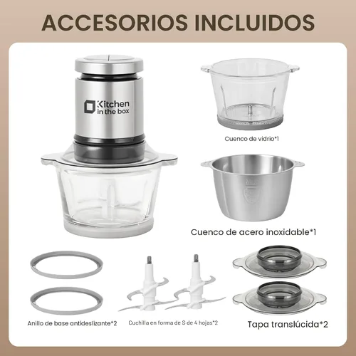 Miniatura 4 de Kitchen in the box Procesador de alimentos, picadora eléctrica de carne y picadora de alimentos con potente picador de verduras de 400 W, 2 cuencos