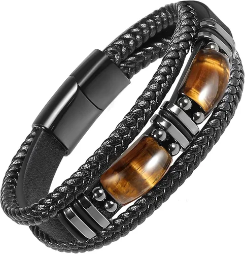 Pulsera de cuero negro de ojo de tigre para hombre, piedra preciosa de ojo de tigre natural, joyería hecha a mano, pulsera de protección para el