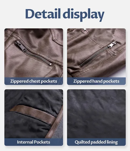 Miniatura 7 de CREATMO US Chaqueta de piel sintética para hombre, impermeable, resistente al viento, PU con capucha extraíble