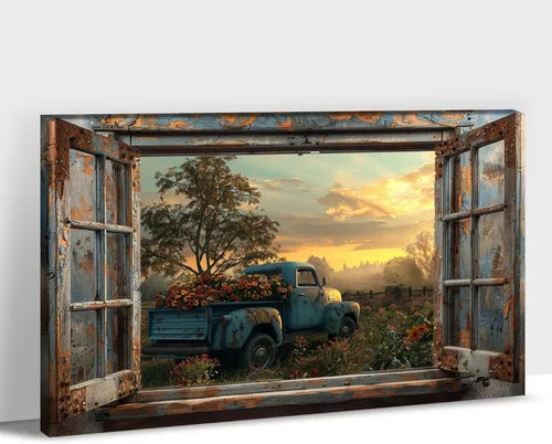 Decoración rústica de granja en lienzo con ventana abierta, impresiones artísticas para pared, pintura de camión viejo, lienzo de granero y bandera