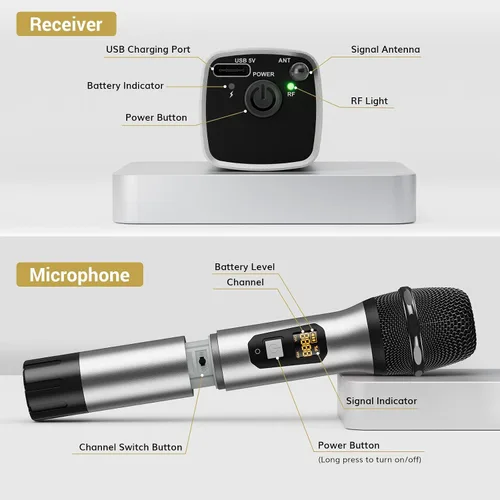 Miniatura 8 de TONOR Micrófonos inalámbricos, sistema de micrófono dinámico de metal inalámbrico dual UHF con receptor recargable, para canto de karaoke, boda, DJ