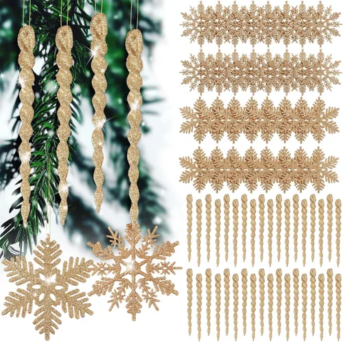 Miniatura 11 de Deekin 72 piezas adornos de carámbano de copo de nieve para árbol de Navidad, carámbanos torcidos de copo de nieve con purpurina, decoraciones