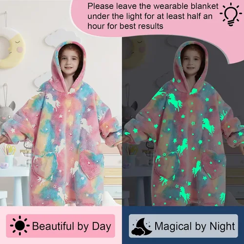 Miniatura 2 de Fiosnow Sudaderas con Manta de Unicornio que Brilla en la Oscuridad para Niños de 6-13 Años Manta con Capucha de Tamaño Grande Usable para Niños
