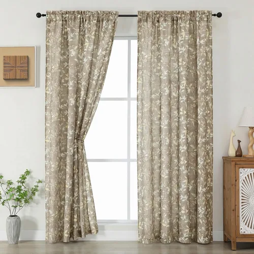 Miniatura 27 de Chyhomenyc Cortinas de mezcla de lino de 63 pulgadas de largo, 2 paneles de cortina con estampado floral filtrante de luz para sala de estar