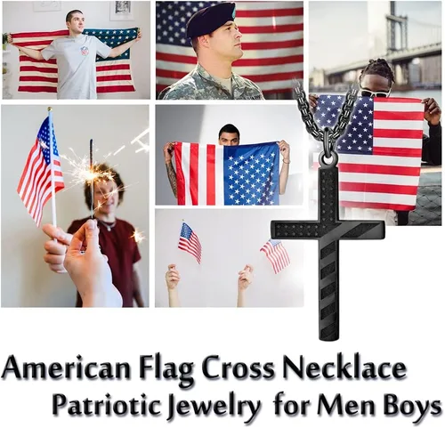 Miniatura 5 de ZRAY Collar con cruz de bandera estadounidense para hombre, joyería patriótica, cadena de acero inoxidable de 24 pulgadas, grabado, inspirador