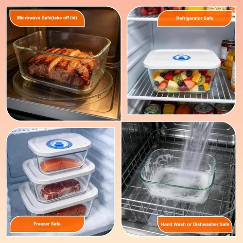 Miniatura 6 de Recipientes de vidrio de borosilicato con sellado al vacío para almacenamiento de alimentos, 3 tamaños (S, M, L), compatibles con máquinas