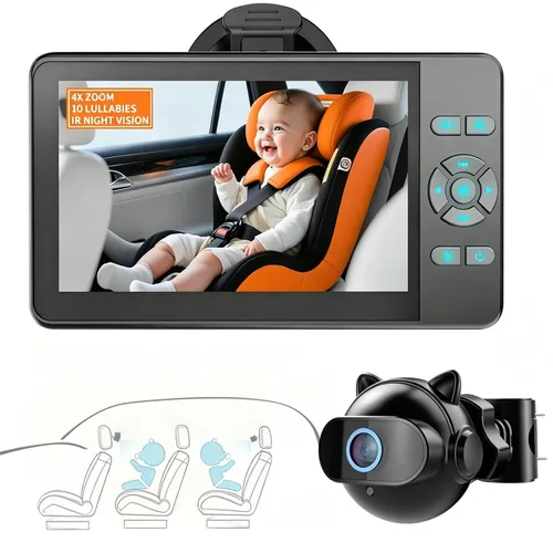 Cámara de coche para bebé con zoom 4X, 10 canciones de cuna de 4.3 pulgadas, HD 1080P, espejo de asiento de automóvil orientado hacia atrás, 3