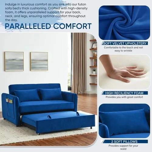 Miniatura 4 de Deolme Sofá cama convertible 3 en 1, moderno sofá biplaza de terciopelo con bolsillos laterales de almacenamiento y almohadas, sofá biplaza pequeño