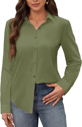 Miniatura 22 de Siliteelon - Camisas de vestir para mujer, a prueba de manchas, sin arrugas, de manga larga, sólidas, para trabajo y negocios, con botones