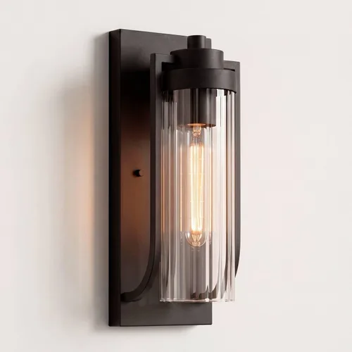 Possini Euro Design Bogata - Moderna lámpara de pared para exteriores, acero negro texturizado, 15 1/2 pulgadas, cristal cilíndrico acanalado