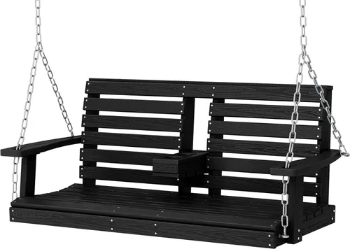 Miniatura 19 de KINGYES Columpio colgante para porche al aire libre, silla de columpio de patio de 2 asientos con portavasos, banco impermeable para patio y jardín