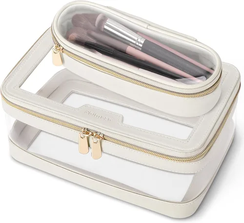 Soimeat Bolsa de maquillaje transparente de viaje con bolsa para brochas de maquillaje, estuche de maquillaje de cuero, bolsa de cosméticos Blanco