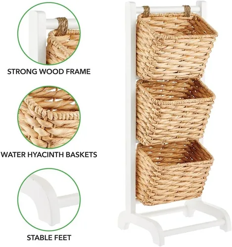 Miniatura 3 de mDesign Water Hyacinth - Cestas de almacenamiento de 3 niveles con cesta de mercado, estante vertical para sala de estar, lavandería, dormitorio